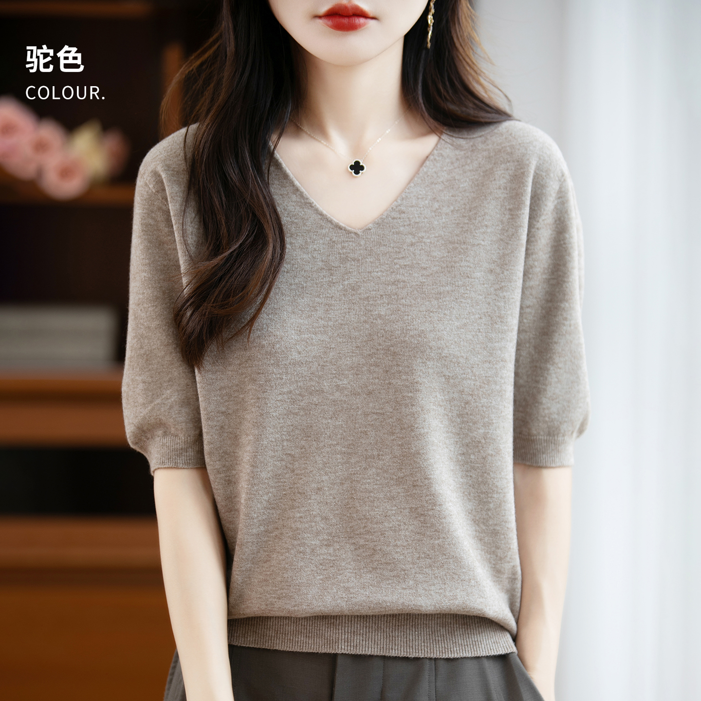 秋冬V领针织衫短袖女新款宽松打底衫内搭毛衣半袖时尚色上衣1006r