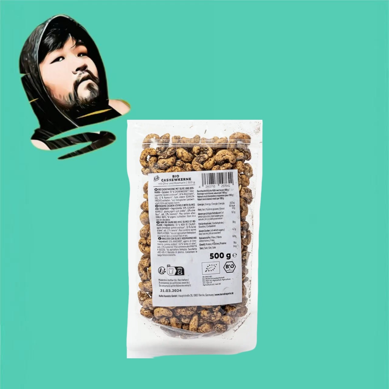 德国直邮【全场满300包邮】KORO有机橄榄油迷迭香腰果500g
