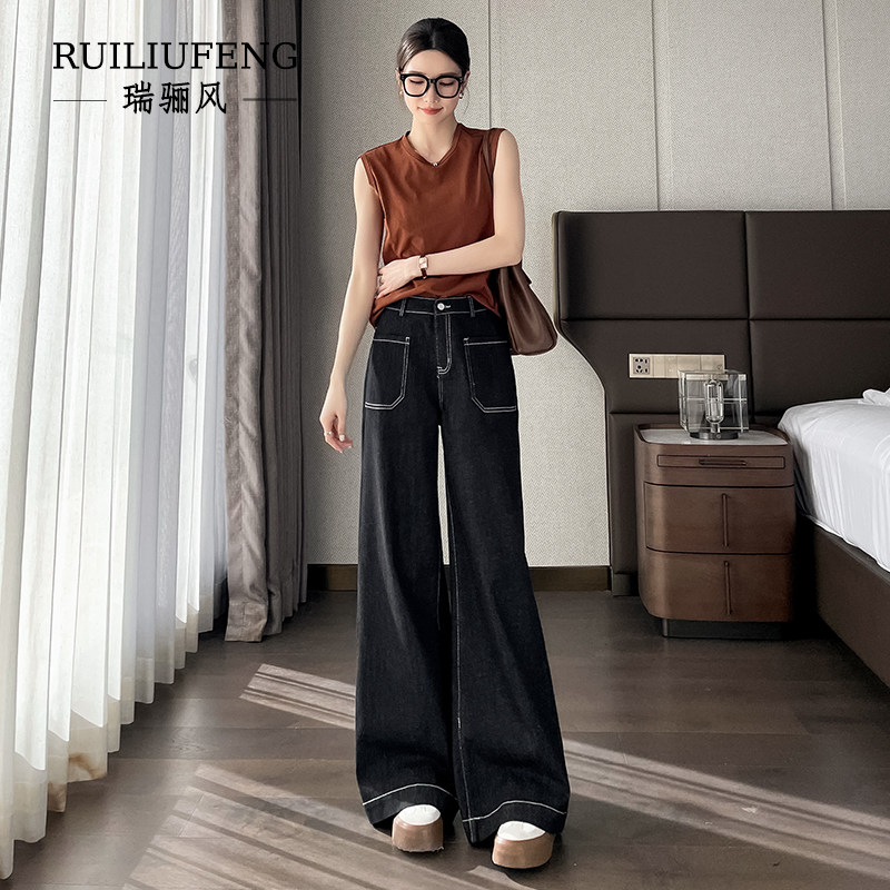 复古蓝加长阔腿牛仔裤女春秋高个子2025年新款高腰宽松微喇拖地裤