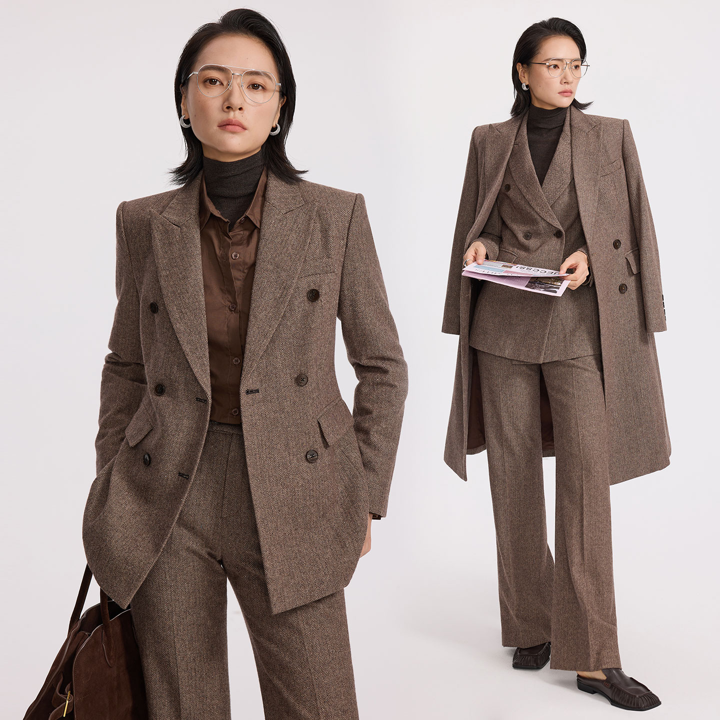 xyi 2025秋冬加厚高羊毛西装外套女干练咖色人字纹双排扣商务套装