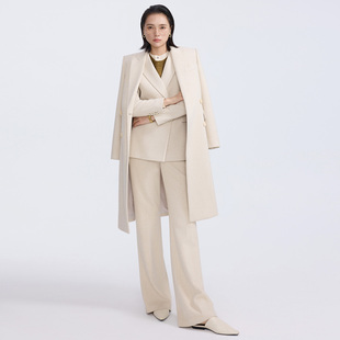 套装 西装 女双排扣毛呢大衣职业西服羊毛秋冬 老钱风米白色长款 xyi
