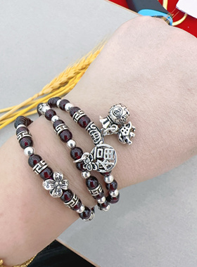 纯银石榴石三圈手链 兴亚福珠宝银手链 石榴石手链