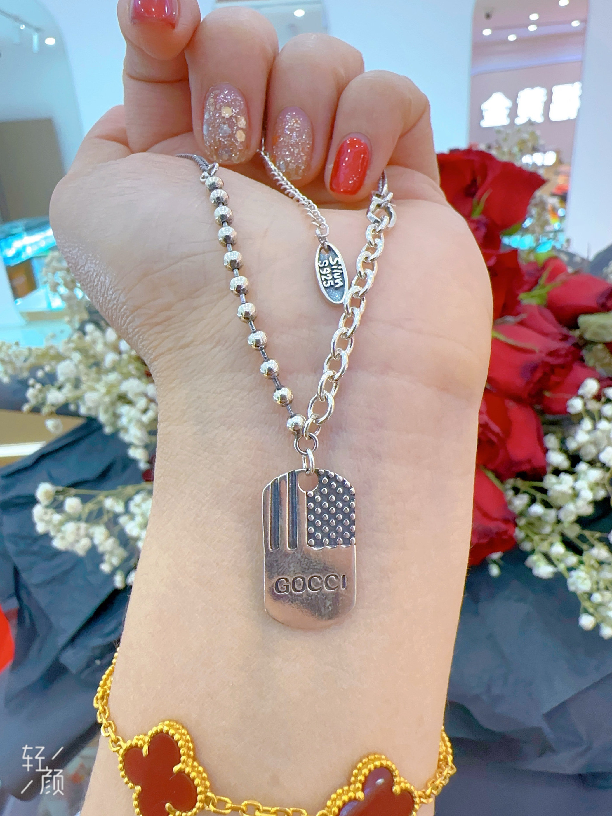 吊坠军牌樱花套链男女挂牌复刻925纯银 纯银项链 韩版项链