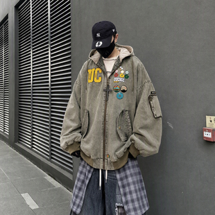 UUCSCC嘻哈潮牌美式高街工装休闲棒球服连帽外套复古宽松牛仔夹克