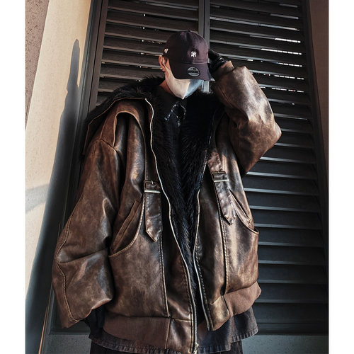 复古做旧翻领皮衣外套