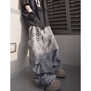 UUCSCC美式vintag泥染做旧束脚裤潮牌复古直筒工装多口袋牛仔裤男