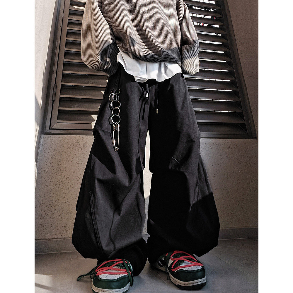 UUCSCC潮牌休闲运动阔腿拖地束脚长裤嘻哈美式高街宽松褶皱弯刀裤