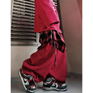 男 嘻哈潮牌假两件屁帘运动裤 UUCSCC美式 高街宽松休闲阔腿束脚长裤