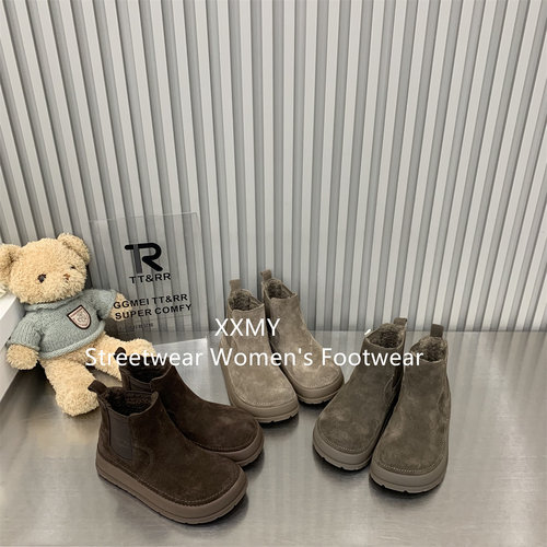 厚底切尔西雪地靴女款秋冬加绒加厚磨砂短筒弹力套筒保暖毛毛棉靴