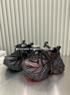 酒红手工擦色机甲老爹鞋女8cm厚底增高织带水钻复古松糕休闲潮鞋
