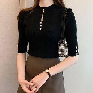 五分袖 上衣短款 半袖 毛衣女春秋中袖 套头针织打底衫 半高圆领薄款