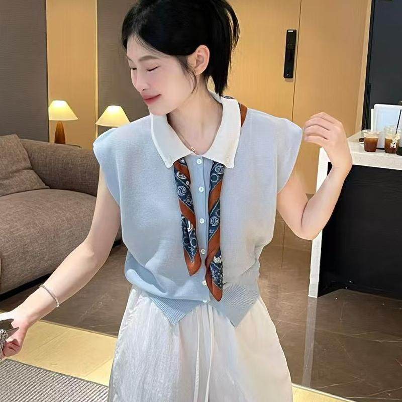 春季新款翻领无袖针织衫女宽松休闲百搭毛衣上衣薄款防晒衫显瘦