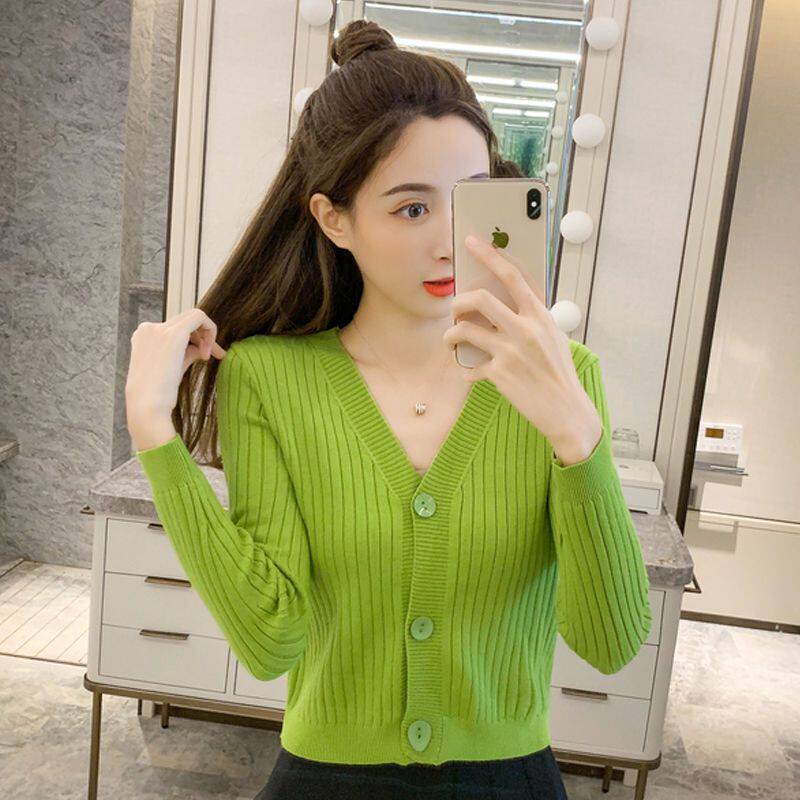 小短款开衫女春秋冬长袖薄款纯色V领针织衫外穿披肩外搭修身上衣