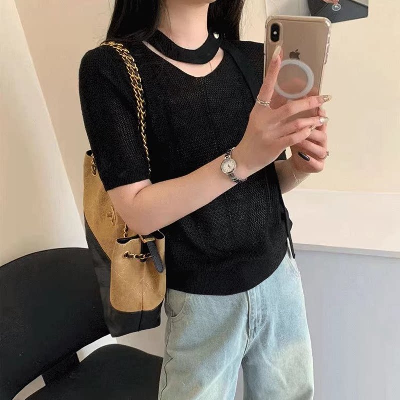 淑女风V领镂空夏天凉快透视飘带短袖针织衫女套头宽松上衣百搭