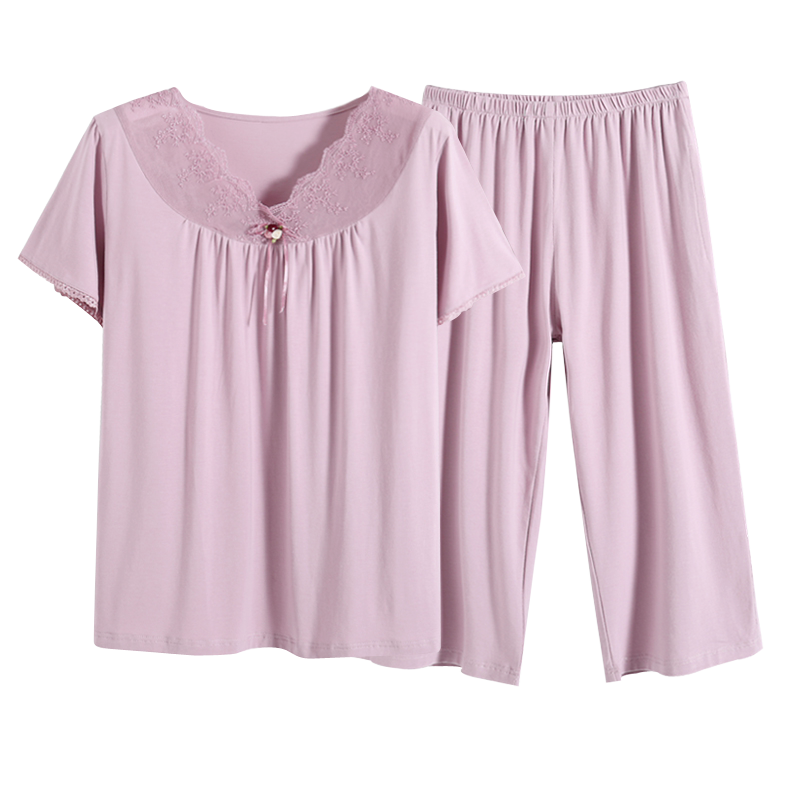 睡衣女士夏季莫代尔短袖七分裤夏天薄款家居服中年妈妈加大码套装