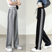 运动裤 束脚高腰长裤 百搭潮 女夏薄三杠潮宽松直筒休闲裤 灰色阔腿裤