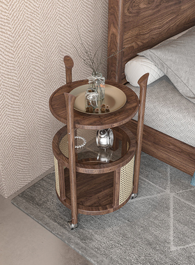 北美黑胡桃实木床头柜卧室家用小户型收纳储物柜子床边置物架圆几