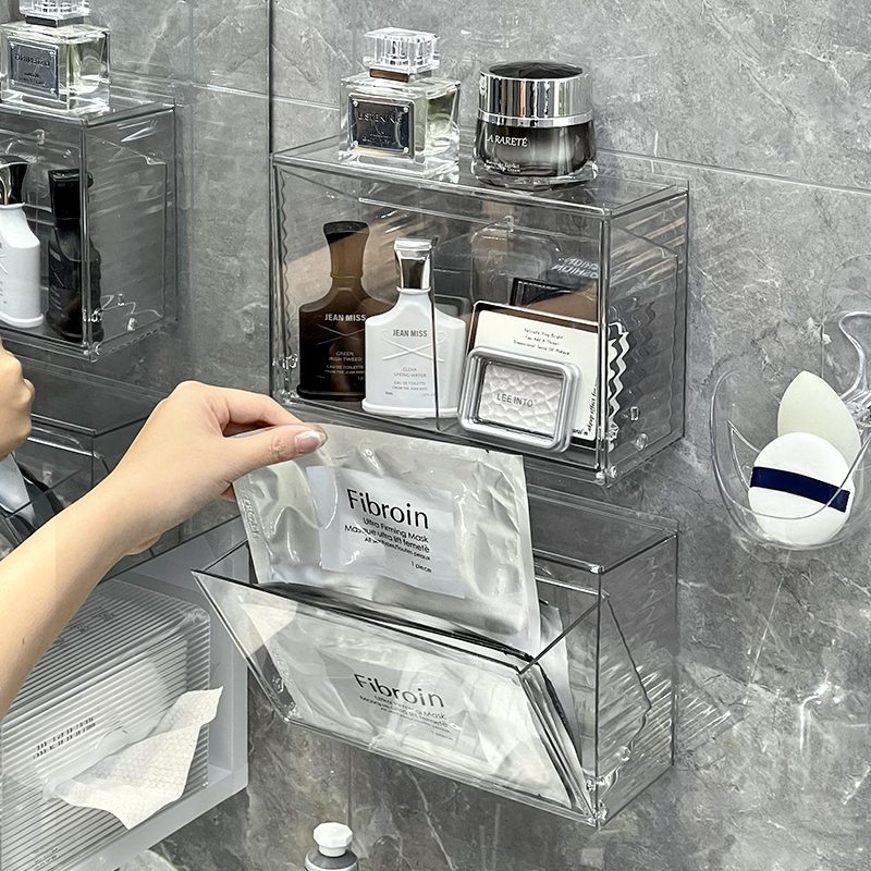 面膜收纳盒浴室护肤品壁挂式透明整理盒镜柜化妆品防尘翻盖置物架