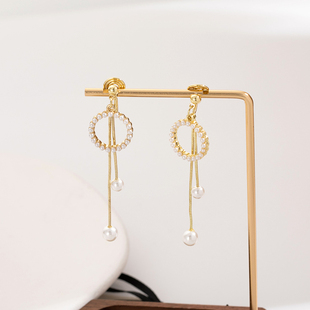 圆环珍珠长款流苏耳针复古法式显瘦耳饰优雅个性蚊香盘无耳洞耳夹