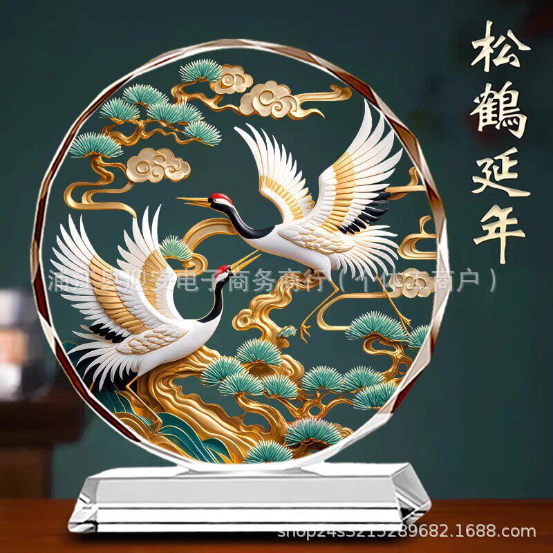 松鹤延年水晶画摆件平安喜乐家居装饰客厅酒柜电视柜开业乔迁礼品