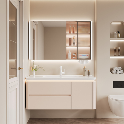 奶油风浴室柜圆角陶瓷一体盆卫生间洗手盆洗脸盆柜组合台盆卫浴柜