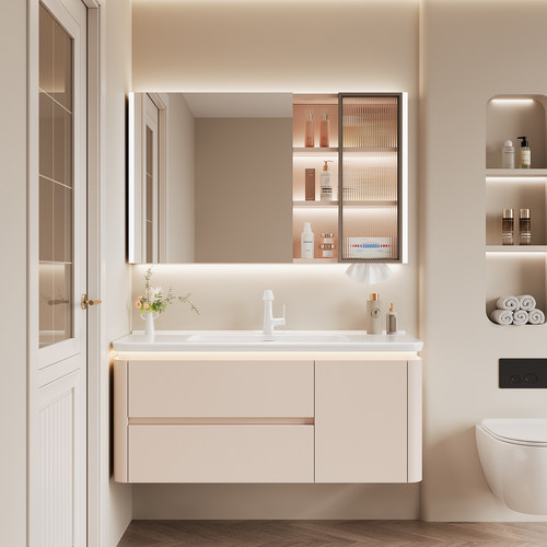 奶油风浴室柜圆角陶瓷一体盆卫生间洗手盆洗脸盆柜组合台盆卫浴柜