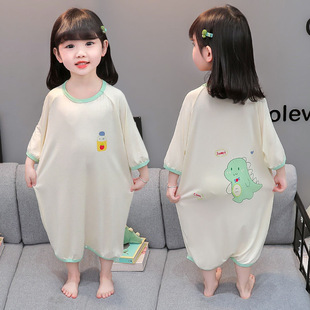 女童连体睡衣夏季薄款纯棉卡通家居服中小儿童男孩宝宝防踢空调服
