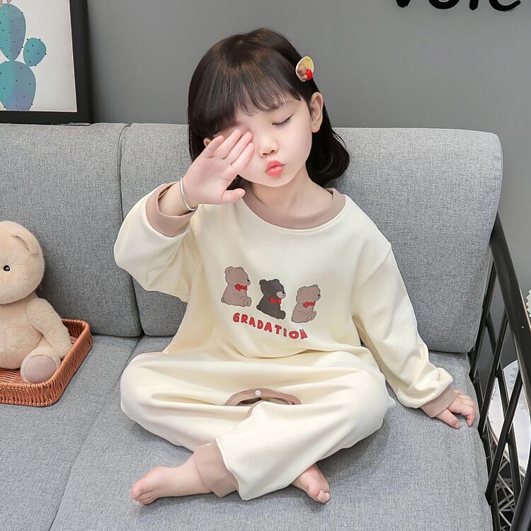 纯棉女童小熊春秋薄款睡衣套装