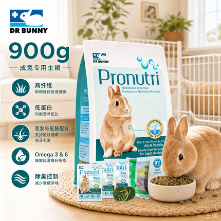 兔博士兔粮成年幼年美毛除味膨化垂耳侏儒兔猫猫兔900g宠物兔粮