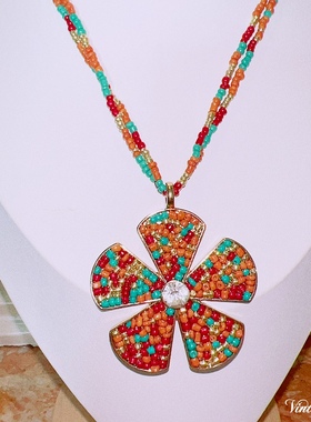 「福利」复古花朵米珠吊坠项链 ◆vintage复古配饰H1105