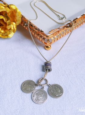 三枚钱币正反面吊坠珐琅滴釉项链vintage复古配饰D966