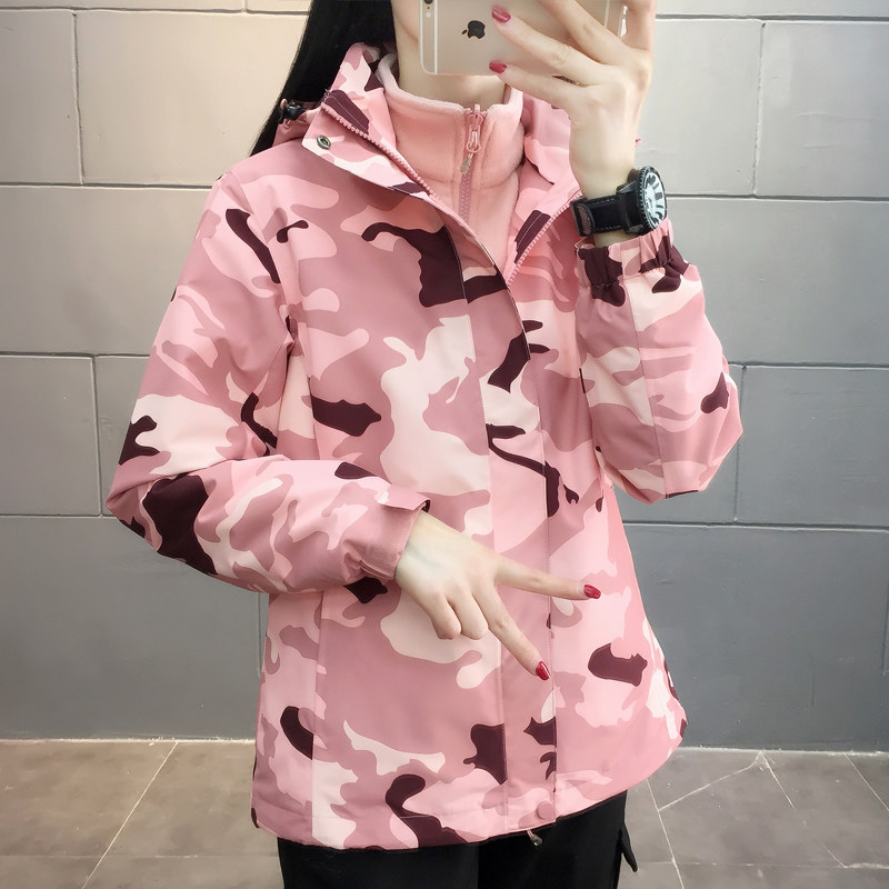 户外冲锋衣女冬季加绒加厚外套韩版三合一可拆卸迷彩防风两件套男