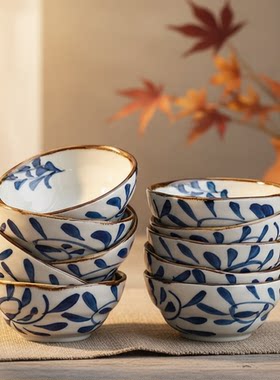 日式陶瓷小碗家用釉下彩手绘勾藤