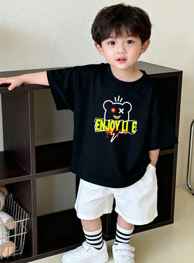 原创童装男童黑色圆领短袖T恤纯棉夏装韩系宽松卡通印花儿童半袖