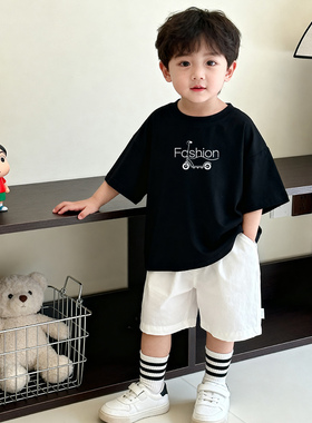 原创童装男童黑色短袖T恤纯棉夏装韩版宽松卡通滑板车印花儿童