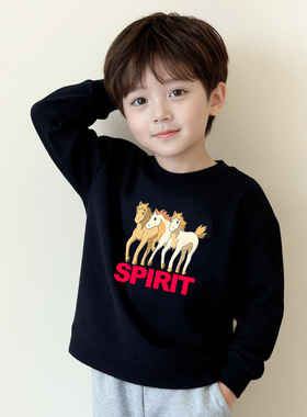 原创童装男童韩系黑色长袖 t 恤早秋全棉落肩吸汗小孩帅气上衣