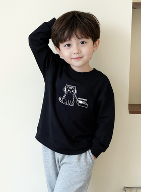 原创童装男童韩版黑色长袖 t 恤春装纯棉落肩吸汗中童舒适上衣