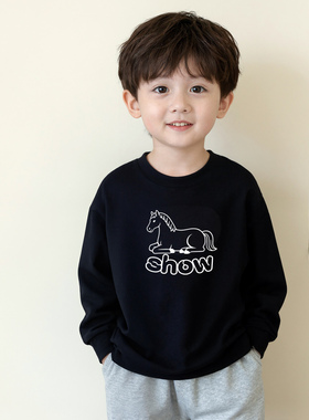 原创童装男童韩版黑色长袖 t 恤秋装纯棉落肩亲肤宝宝洋气上衣