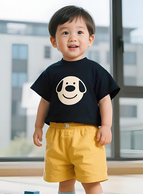 原创童装男童黑色短袖T恤纯棉夏装韩版宽松卡通狗狗印花儿童半袖