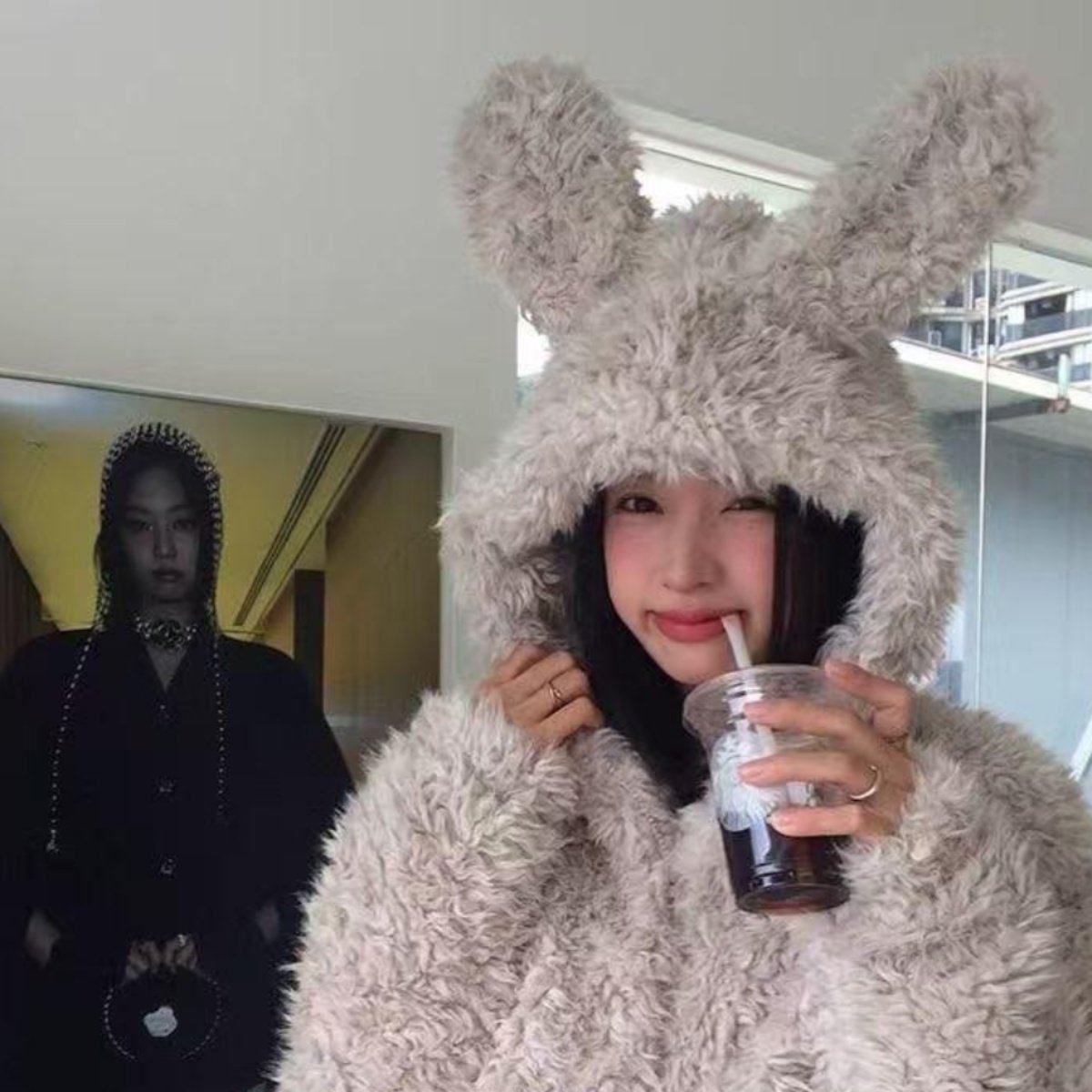 韩版冬季慵懒风宽松开衫女百搭连帽拉链毛毛兔耳朵外套毛茸茸洋气