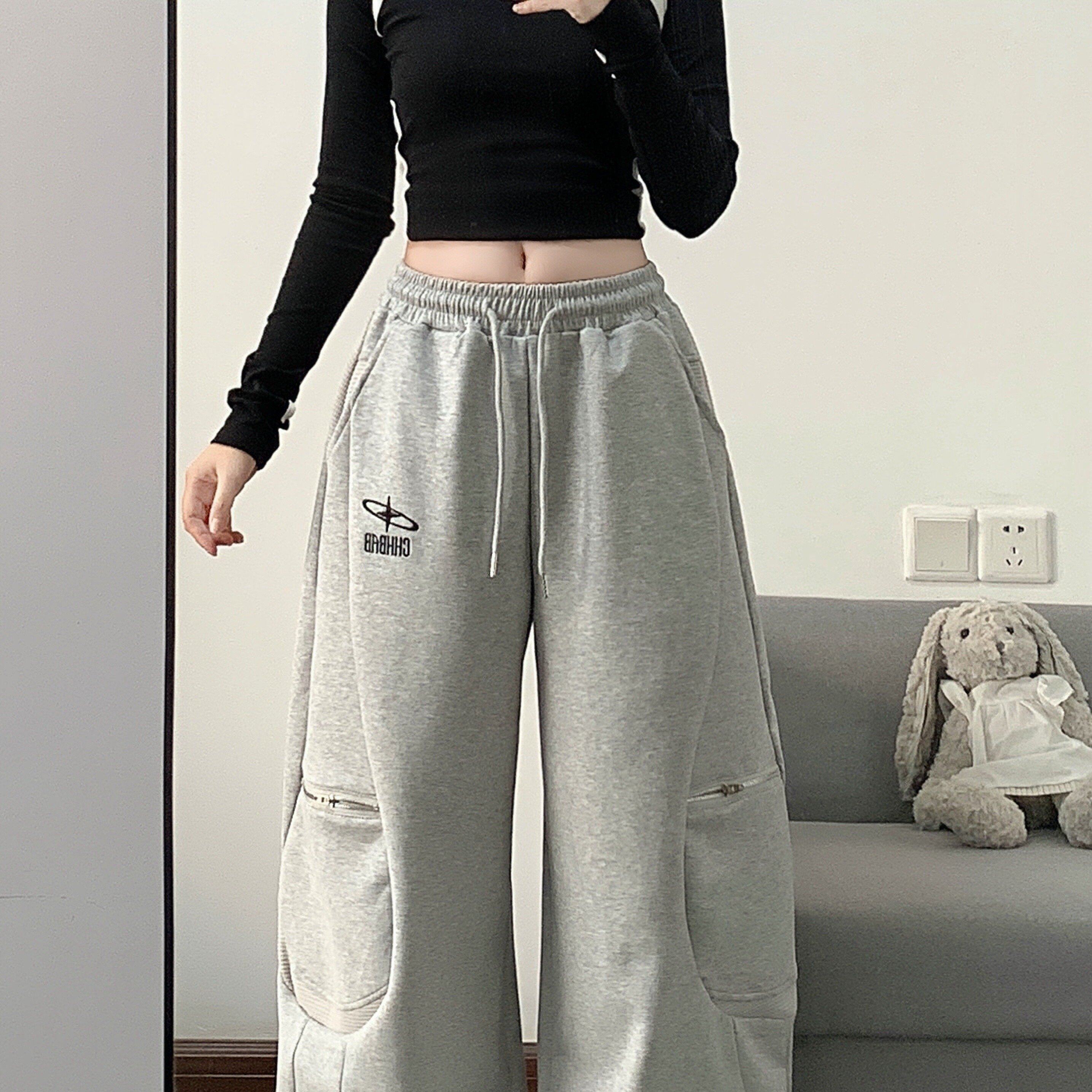 实拍美式潮牌运动拉链口袋灰色卫裤百搭宽松阔腿嘻哈弯刀工装裤