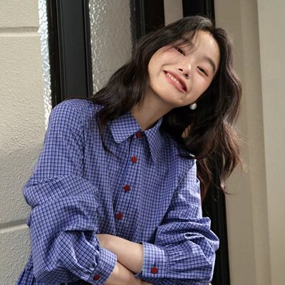 阔色miu系蓝色格子衬衫女2025春季新款荷叶边长袖衬衣上衣短款秋