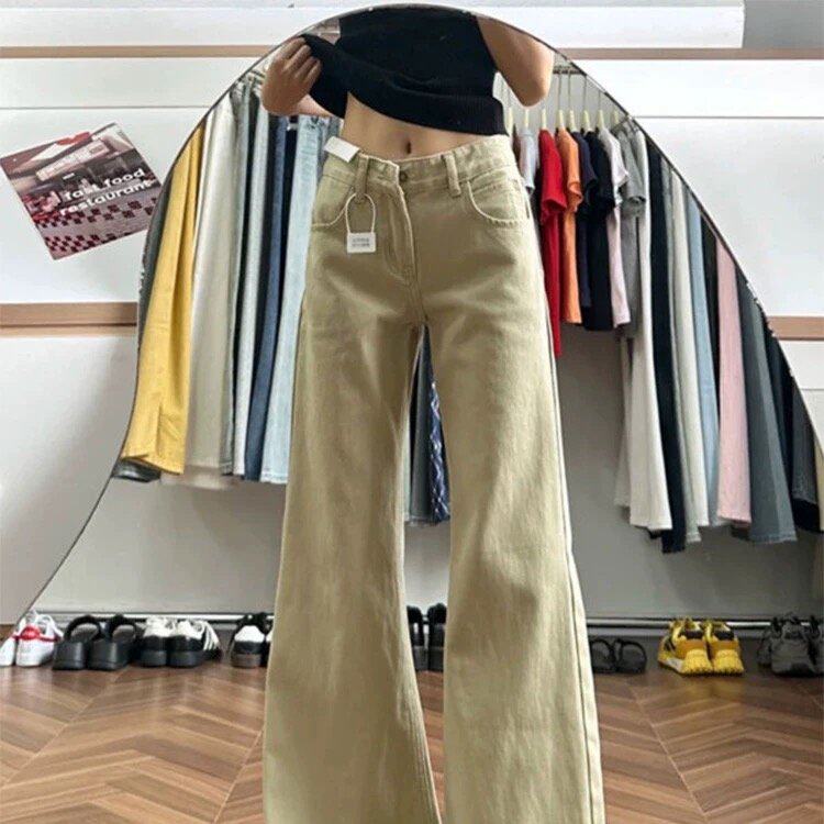 卡其色宽松微喇牛仔裤女2025秋冬新款高腰显瘦垂感喇叭马蹄拖地裤
