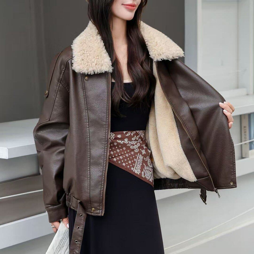 实拍实价酷飒羊羔绒毛领蛋白皮衣外套女加厚加绒美式机车宽松夹克