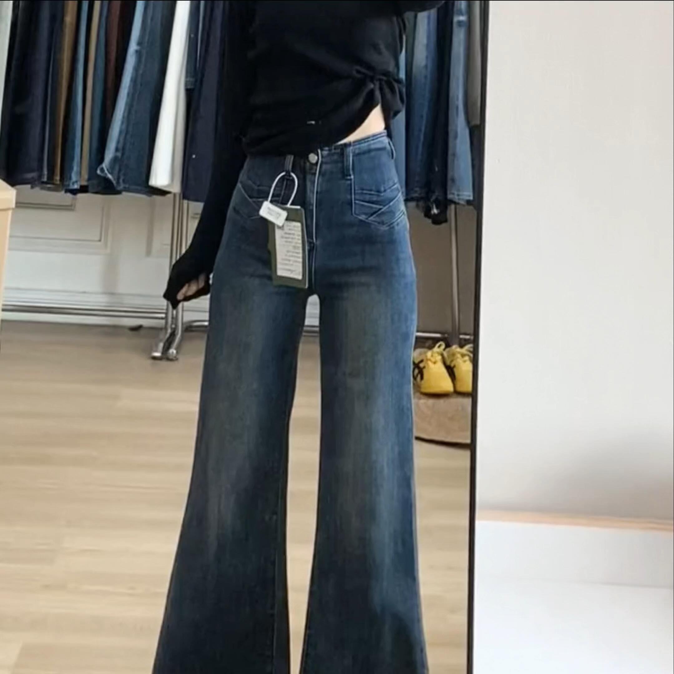 美式复古微喇牛仔裤女2025秋冬季宽松显瘦垂感百搭阔腿喇叭拖地裤