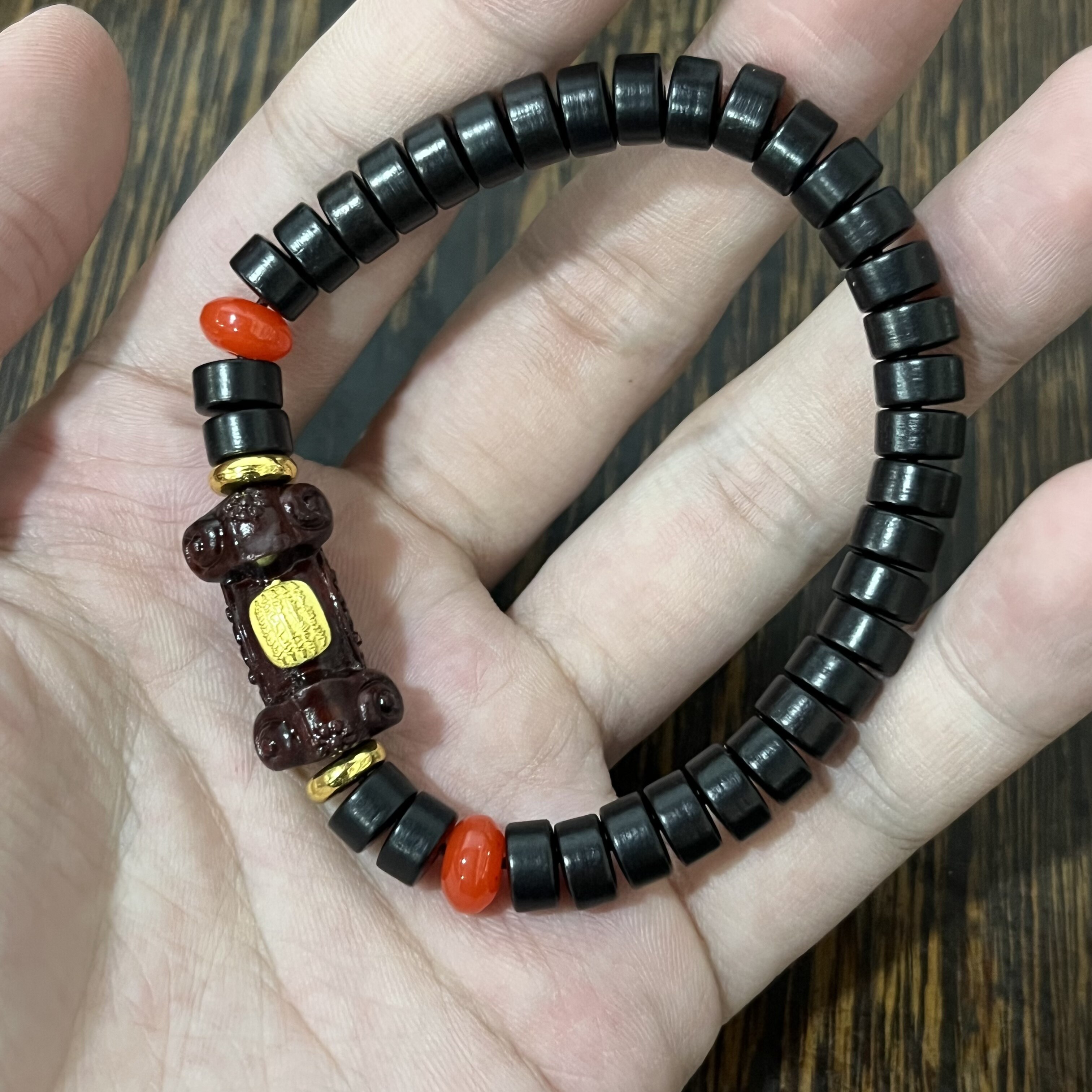 黑檀药片珠+犀牛角紫檀如意手串