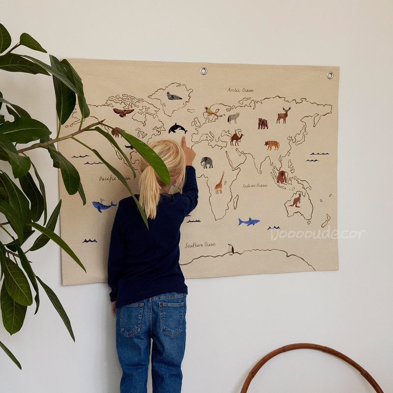直销INS北欧布艺画挂毯挂画墙面装饰儿童房动物帆布地图摄影道具图片