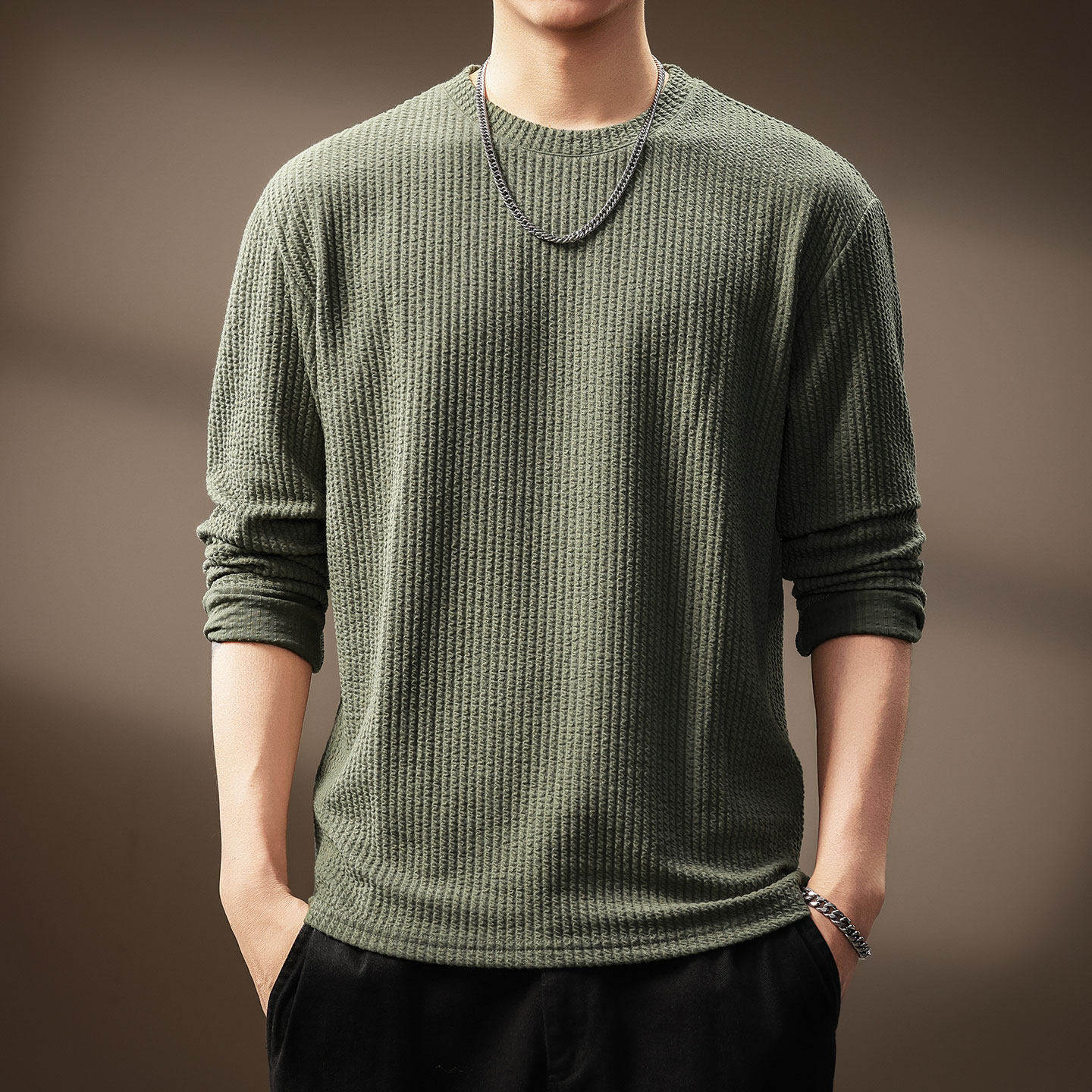 高端美式条纹肌理感免烫长袖T恤男士春秋薄款打底衫微宽松卫衣男