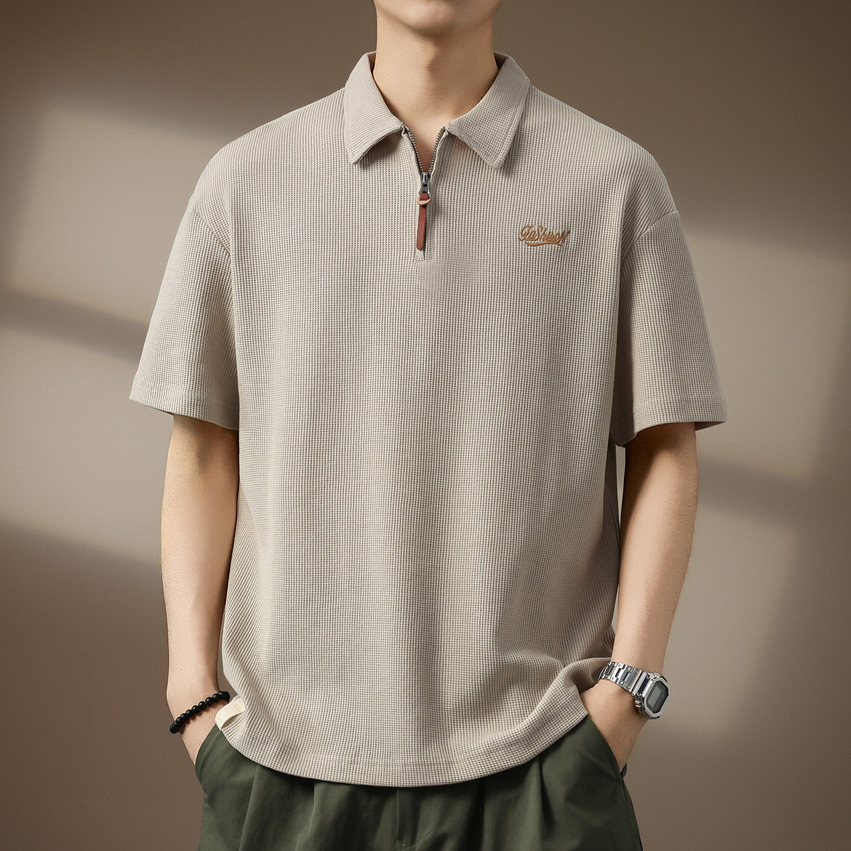 高端美式复古华夫格绣花Polo衫男夏季半拉链重磅短袖五分袖T恤男
