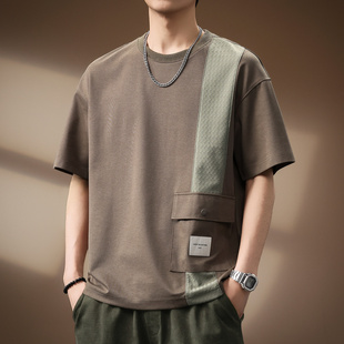 高端莱赛尔混纺重磅软糯T恤男夏季潮牌撞色宽松大码口袋短袖体恤